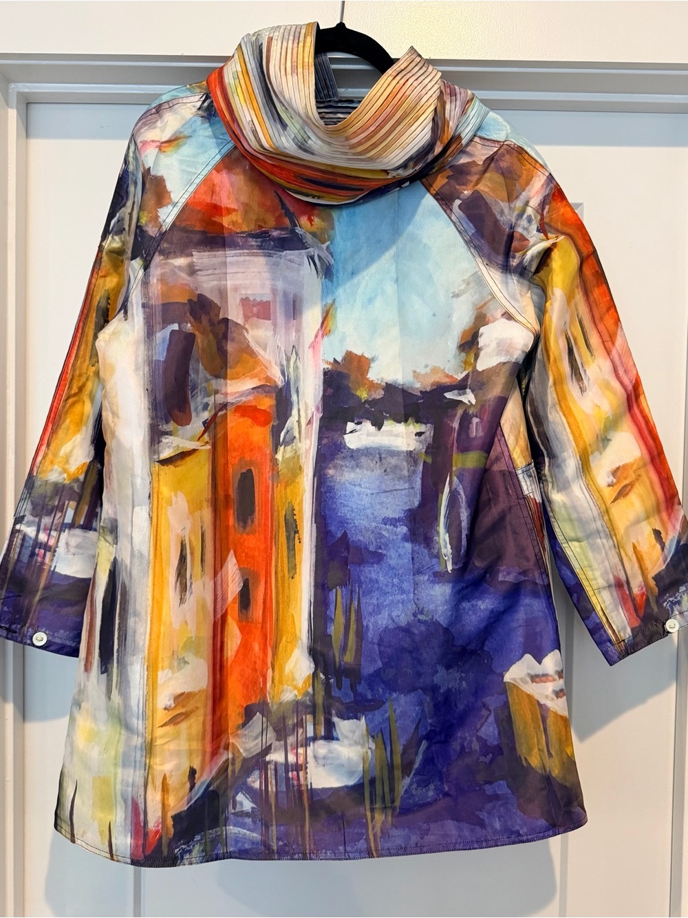 UBU Watercolor Print Raincoat in Blue, Orange & Yellow - Picture 2 of 5